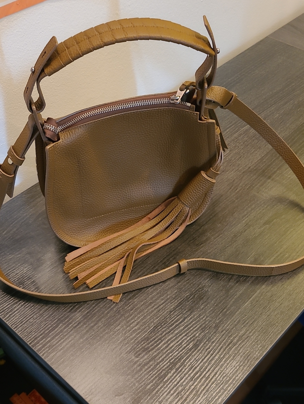 AllSaints Women's Mori Pebbled Leather Tassel Crossbody Bag - Tan